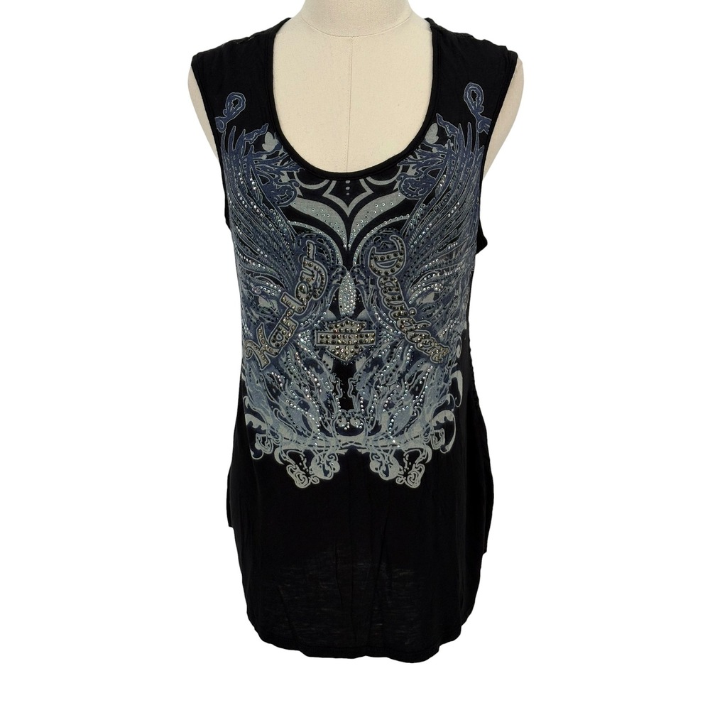 Harley Davidson Tank Top Black Rhinestone Lace Back Peplum XL